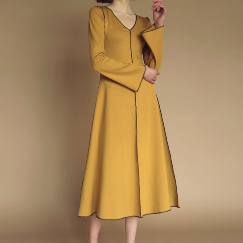 Eliza Faulkner Kate Dress - mustard golden yellow exposed seams ethical designer